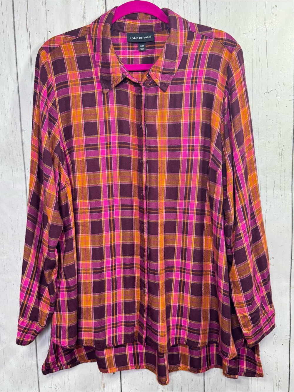 Lane Bryant Plaid Brushed Rayon Tunic Shirt 18/20 Burgundy Pink Boho Fall Preppy